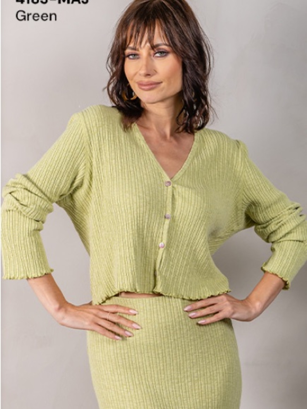 Cropped Ribbed V-Neck Sweater Cardigan - Green